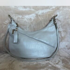 Vintage HOBO International Light Gray Gold and Tassel Leather Shoulder Bag